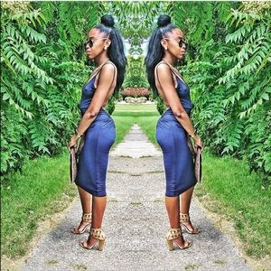 Midnight Blue Open Back Bodycon Midi Dress